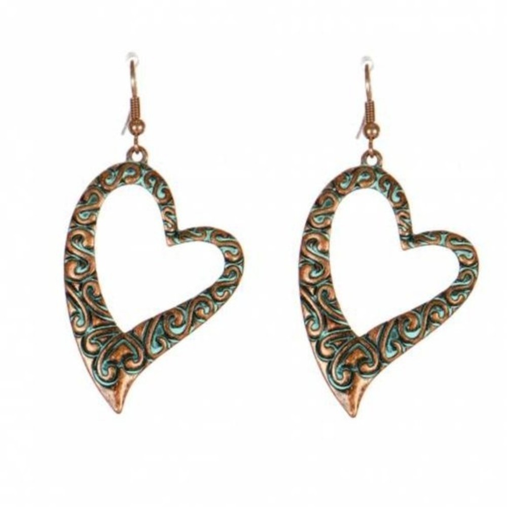 Lucky You' Rustic Green Filigree Heart Fish Hook Retro Dangle Earrings